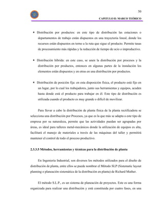 50

                                                      CAPITULO II: MARCO TEÓRICO




     Distribución por productos: en este tipo de distribución las estaciones o
     departamentos de trabajo están dispuestos en una trayectoria lineal, donde los
     recursos están dispuestos en torno a la ruta que sigue el producto. Permite tasas
     de procesamiento más rápidas y la reducción de tiempo de ocio o improductivo.


     Distribución híbrida: en este caso, se unen la distribución por procesos y la
     distribución por productos, entonces en algunas partes de la instalación los
     elementos están dispuestos y en otras en una distribución por productos.


     Distribución de posición fija: en esta disposición física, el producto está fijo en
     un lugar, por lo cual los trabajadores, junto sus herramientas y equipos, acuden
     hasta donde está el producto para trabajar en él. Este tipo de distribución es
     utilizada cuando el producto es muy grande o difícil de movilizar.


     Para llevar a cabo la distribución de planta física de la planta rectificadora se
selecciona una distribución por Procesos, ya que es la que más se adapta a este tipo de
empresa por su naturaleza, permite que las actividades puedan ser agrupadas por
áreas, es ideal para talleres metal-mecánicos donde la utilización de equipos es alta,
facilitará el manejo de materiales a través de las máquinas del taller y permitirá
mantener el control de todo el proceso productivo.


2.3.3.5 Métodos, herramientas y técnicas para la distribución de planta


     En Ingeniería Industrial, son diversos los métodos utilizados para el diseño de
distribución de planta, entre ellos se puede nombrar el Método SLP (Sistematic layout
planning o planeación sistemática de la distribución en planta) de Richard Muther.


     El método S.L.P., es un sistema de planeación de proyectos. Este es una forma
organizada para realizar una distribución y está constituida por cuatro fases, en una
 