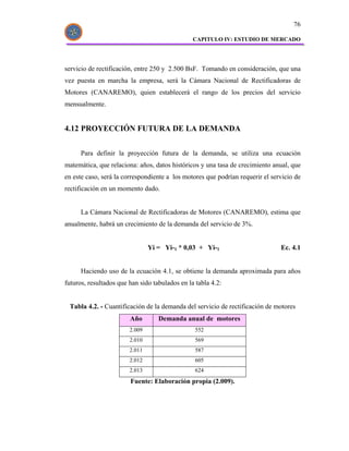 76

                                                CAPITULO IV: ESTUDIO DE MERCADO




servicio de rectificación, entre 250 y 2.500 BsF. Tomando en consideración, que una
vez puesta en marcha la empresa, será la Cámara Nacional de Rectificadoras de
Motores (CANAREMO), quien establecerá el rango de los precios del servicio
mensualmente.


4.12 PROYECCIÓN FUTURA DE LA DEMANDA


      Para definir la proyección futura de la demanda, se utiliza una ecuación
matemática, que relaciona: años, datos históricos y una tasa de crecimiento anual, que
en este caso, será la correspondiente a los motores que podrían requerir el servicio de
rectificación en un momento dado.


      La Cámara Nacional de Rectificadoras de Motores (CANAREMO), estima que
anualmente, habrá un crecimiento de la demanda del servicio de 3%.


                                Yi = Yi-1 * 0,03 + Yi-1                        Ec. 4.1


      Haciendo uso de la ecuación 4.1, se obtiene la demanda aproximada para años
futuros, resultados que han sido tabulados en la tabla 4.2:


 Tabla 4.2. - Cuantificación de la demanda del servicio de rectificación de motores
                        Año        Demanda anual de motores
                        2.009                    552
                        2.010                    569
                        2.011                    587
                        2.012                    605
                        2.013                    624
                        Fuente: Elaboración propia (2.009).
 