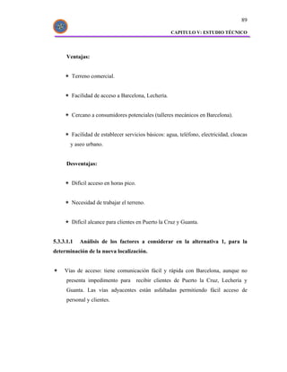 89

                                                      CAPITULO V: ESTUDIO TÉCNICO




      Ventajas:


        Terreno comercial.


        Facilidad de acceso a Barcelona, Lechería.


        Cercano a consumidores potenciales (talleres mecánicos en Barcelona).


        Facilidad de establecer servicios básicos: agua, teléfono, electricidad, cloacas
       y aseo urbano.


      Desventajas:


        Difícil acceso en horas pico.


        Necesidad de trabajar el terreno.


        Difícil alcance para clientes en Puerto la Cruz y Guanta.


5.3.3.1.1   Análisis de los factores a considerar en la alternativa 1, para la
determinación de la nueva localización.


     Vías de acceso: tiene comunicación fácil y rápida con Barcelona, aunque no
      presenta impedimento para         recibir clientes de Puerto la Cruz, Lechería y
      Guanta. Las vías adyacentes están asfaltadas permitiendo fácil acceso de
      personal y clientes.
 