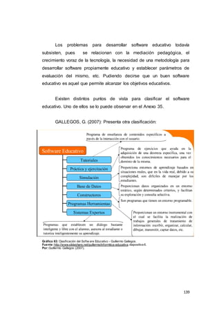 139
Los problemas para desarrollar software educativo todavía
subsisten, pues se relacionan con la mediación pedagógica, el
crecimiento voraz de la tecnología, la necesidad de una metodología para
desarrollar software propiamente educativo y establecer parámetros de
evaluación del mismo, etc. Pudiendo decirse que un buen software
educativo es aquel que permite alcanzar los objetivos educativos.
Existen distintos puntos de vista para clasificar el software
educativo. Uno de ellos se lo puede observar en el Anexo 35.
GALLEGOS, G. (2007): Presenta otra clasificación:
Gráfico 63: Clasificación del Softw are Educativo - Guillermo Gallegos.
Fuente:http://www.slideshare.net/guillermo/informtica-educativa, diapositiva 6.
Por:Guillermo Gallegos (2007).
 