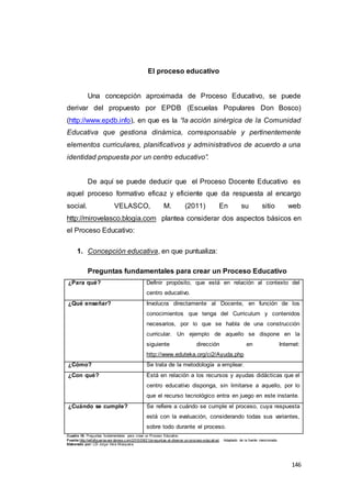 146
El proceso educativo
Una concepción aproximada de Proceso Educativo, se puede
derivar del propuesto por EPDB (Escuelas Populares Don Bosco)
(http://www.epdb.info), en que es la “la acción sinérgica de la Comunidad
Educativa que gestiona dinámica, corresponsable y pertinentemente
elementos curriculares, planificativos y administrativos de acuerdo a una
identidad propuesta por un centro educativo”.
De aquí se puede deducir que el Proceso Docente Educativo es
aquel proceso formativo eficaz y eficiente que da respuesta al encargo
social. VELASCO, M. (2011) En su sitio web
http://mirovelasco.blogia.com plantea considerar dos aspectos básicos en
el Proceso Educativo:
1. Concepción educativa, en que puntualiza:
Preguntas fundamentales para crear un Proceso Educativo
¿Para qué? Definir propósito, que está en relación al contexto del
centro educativo.
¿Qué enseñar? Involucra directamente al Docente, en función de los
conocimientos que tenga del Curriculum y contenidos
necesarios, por lo que se habla de una construcción
curricular. Un ejemplo de aquello se dispone en la
siguiente dirección en Internet:
http://www.eduteka.org/ci2/Ayuda.php
¿Cómo? Se trata de la metodología a emplear.
¿Con qué? Está en relación a los recursos y ayudas didácticas que el
centro educativo disponga, sin limitarse a aquello, por lo
que el recurso tecnológico entra en juego en este instante.
¿Cuándo se cumple? Se refiere a cuándo se cumple el proceso, cuya respuesta
está con la evaluación, considerando todas sus variantes,
sobre todo durante el proceso.
Cuadro 18: Preguntas fundamentales para crear un Proceso Educativo.
Fuente:http://willyfigueroa.wor dpress.com/2010/08/21/pr eguntas-al-disenar-un-proceso-educati vo/. Adaptado de la fuente mencionada.
Elaborado por: LSI Jorge Vera Mosquera.
 