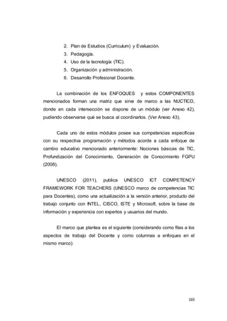 165
2. Plan de Estudios (Curriculum) y Evaluación.
3. Pedagogía.
4. Uso de la tecnología (TIC).
5. Organización y administración.
6. Desarrollo Profesional Docente.
La combinación de los ENFOQUES y estos COMPONENTES
mencionados forman una matriz que sirve de marco a las NUCTICD,
donde en cada intersección se dispone de un módulo (ver Anexo 42),
pudiendo observarse qué se busca al coordinarlos. (Ver Anexo 43).
Cada uno de estos módulos posee sus competencias específicas
con su respectiva programación y métodos acorde a cada enfoque de
cambio educativo mencionado anteriormente: Nociones básicas de TIC,
Profundización del Conocimiento, Generación de Conocimiento FGPU
(2008).
UNESCO (2011), publica UNESCO ICT COMPETENCY
FRAMEWORK FOR TEACHERS (UNESCO marco de competencias TIC
para Docentes), como una actualización a la versión anterior, producto del
trabajo conjunto con INTEL, CISCO, ISTE y Microsoft, sobre la base de
información y experiencia con expertos y usuarios del mundo.
El marco que plantea es el siguiente (considerando como filas a los
aspectos de trabajo del Docente y como columnas a enfoques en el
mismo marco):
 