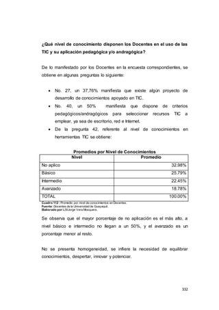 332
¿Qué nivel de conocimiento disponen los Docentes en el uso de las
TIC y su aplicación pedagógica y/o andragógica?
De lo manifestado por los Docentes en la encuesta correspondientes, se
obtiene en algunas preguntas lo siguiente:
 No. 27, un 37,76% manifiesta que existe algún proyecto de
desarrollo de conocimientos apoyado en TIC.
 No. 40, un 50% manifiesta que dispone de criterios
pedagógicos/andragógicos para seleccionar recursos TIC a
emplear, ya sea de escritorio, red e Internet.
 De la pregunta 42, referente al nivel de conocimientos en
herramientas TIC se obtiene:
Promedios por Nivel de Conocimientos
Nivel Promedio
No aplico 32.98%
Básico 25.79%
Intermedio 22.45%
Avanzado 18.78%
TOTAL 100.00%
Cuadro 112 : Promedio por nivel de conocimientos en Docentes.
Fuente:Docentes de la Universidad de Guayaquil.
Elaborado por:LSIJorge Vera Mosquera.
Se observa que el mayor porcentaje de no aplicación es el más alto, a
nivel básico e intermedio no llegan a un 50%, y el avanzado es un
porcentaje menor al resto.
No se presenta homogeneidad, se infiere la necesidad de equilibrar
conocimientos, despertar, innovar y potenciar.
 