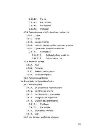 409
3.3.3.4.2. Por fila
3.3.3.4.3. Por columna
3.3.3.4.4. Por posición
3.3.3.4.5. Protección
3.3.4. Operaciones de edición de datos a nivel de hoja
3.3.4.1. Copiar
3.3.4.2. Mover
3.3.4.3. Manejo de series
3.3.4.4. Inserción, borrado de filas, columnas y celdas
3.3.4.5. Operaciones matemáticas básicas
3.3.4.5.1. Formulación
3.3.4.5.1.1. Celdas absolutas y relativas
3.3.4.5.1.2. Edición en una hoja
3.3.5. Impresión de hoja
3.3.5.1. Total
3.3.5.2. Por rango
3.3.5.3. Selección de impresora
3.3.5.4. Visualización previa
3.3.6. Aplicaciones prácticas
3.4. Presentador de diapositivas Básico
3.4.1. Primeros pasos
3.4.1.1. En qué consiste y cómo funciona
3.4.1.2. Elementos de entorno
3.4.1.3. Uso de menús y herramientas
3.4.1.4. Manejo de una diapositiva
3.4.1.5. Creación de presentaciones
3.4.1.5.1. En blanco
3.4.1.5.2. Por plantilla
3.4.1.6. Encabezado y fondos
3.4.1.7. Salir
3.4.2. Uso de texto, autoformas e imagen
 