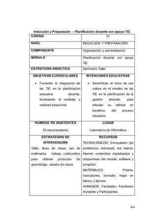 414
Inducción y Preparación – Planificación docente con apoyo TIC
CÓDIGO 51
NIVEL INDUCCIÓN Y PREPARACIÓN
COMPONENTE Organización y administración
MÓDULO Planificación docente con apoyo
TIC
ESTRATEGIA DIDÁCTICA Seminario Taller
OBJETIVOS CURRICULARES
 Fomentar la integración de
las TIC en la planificación
educativa docente,
focalizando el contexto y
realidad situacional
INTENCIONES EDUCATIVAS
 Sensibilizar el inicio de una
cultura en el empleo de las
TIC en la planificación de la
gestión docente, para
articular su utilidad en
beneficio del proceso
educativo
NÚMERO DE ASISTENTES
20 (recomendado)
LUGAR
Laboratorio de Informática
ESTRATEGIAS DE
INTERVENCIÓN
Taller, lluvia de ideas, uso de
multimedia, trabajo colaborativo
para obtener productos de
aprendizaje, estudio de casos
RECURSOS
TECNOLÓGICOS: Computador (de
preferencia individual), red interna,
Internet, contenidos digitalizados y
diapositivas del módulo, software y
proyector.
MATERIALES: Pizarra,
marcadores, borrador, hojas en
blanco y lápices.
HUMANOS: Facilitador, Facilitador
Asistente y Participantes.
 