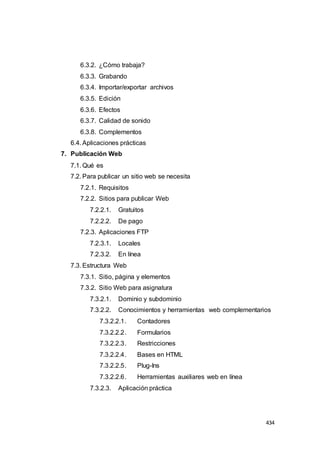 434
6.3.2. ¿Cómo trabaja?
6.3.3. Grabando
6.3.4. Importar/exportar archivos
6.3.5. Edición
6.3.6. Efectos
6.3.7. Calidad de sonido
6.3.8. Complementos
6.4. Aplicaciones prácticas
7. Publicación Web
7.1. Qué es
7.2. Para publicar un sitio web se necesita
7.2.1. Requisitos
7.2.2. Sitios para publicar Web
7.2.2.1. Gratuitos
7.2.2.2. De pago
7.2.3. Aplicaciones FTP
7.2.3.1. Locales
7.2.3.2. En línea
7.3. Estructura Web
7.3.1. Sitio, página y elementos
7.3.2. Sitio Web para asignatura
7.3.2.1. Dominio y subdominio
7.3.2.2. Conocimientos y herramientas web complementarios
7.3.2.2.1. Contadores
7.3.2.2.2. Formularios
7.3.2.2.3. Restricciones
7.3.2.2.4. Bases en HTML
7.3.2.2.5. Plug-Ins
7.3.2.2.6. Herramientas auxiliares web en línea
7.3.2.3. Aplicación práctica
 