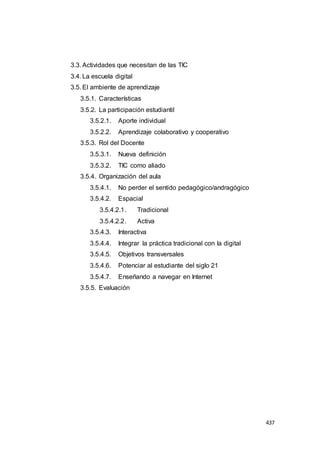 437
3.3. Actividades que necesitan de las TIC
3.4. La escuela digital
3.5. El ambiente de aprendizaje
3.5.1. Características
3.5.2. La participación estudiantil
3.5.2.1. Aporte individual
3.5.2.2. Aprendizaje colaborativo y cooperativo
3.5.3. Rol del Docente
3.5.3.1. Nueva definición
3.5.3.2. TIC como aliado
3.5.4. Organización del aula
3.5.4.1. No perder el sentido pedagógico/andragógico
3.5.4.2. Espacial
3.5.4.2.1. Tradicional
3.5.4.2.2. Activa
3.5.4.3. Interactiva
3.5.4.4. Integrar la práctica tradicional con la digital
3.5.4.5. Objetivos transversales
3.5.4.6. Potenciar al estudiante del siglo 21
3.5.4.7. Enseñando a navegar en Internet
3.5.5. Evaluación
 