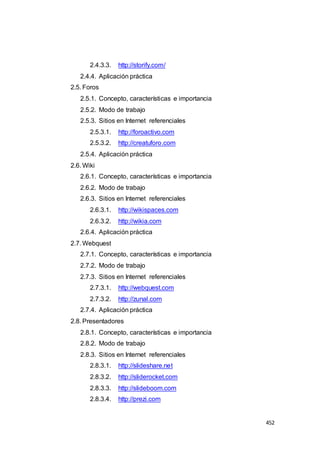 452
2.4.3.3. http://storify.com/
2.4.4. Aplicación práctica
2.5. Foros
2.5.1. Concepto, características e importancia
2.5.2. Modo de trabajo
2.5.3. Sitios en Internet referenciales
2.5.3.1. http://foroactivo.com
2.5.3.2. http://creatuforo.com
2.5.4. Aplicación práctica
2.6. Wiki
2.6.1. Concepto, características e importancia
2.6.2. Modo de trabajo
2.6.3. Sitios en Internet referenciales
2.6.3.1. http://wikispaces.com
2.6.3.2. http://wikia.com
2.6.4. Aplicación práctica
2.7. Webquest
2.7.1. Concepto, características e importancia
2.7.2. Modo de trabajo
2.7.3. Sitios en Internet referenciales
2.7.3.1. http://webquest.com
2.7.3.2. http://zunal.com
2.7.4. Aplicación práctica
2.8. Presentadores
2.8.1. Concepto, características e importancia
2.8.2. Modo de trabajo
2.8.3. Sitios en Internet referenciales
2.8.3.1. http://slideshare.net
2.8.3.2. http://sliderocket.com
2.8.3.3. http://slideboom.com
2.8.3.4. http://prezi.com
 