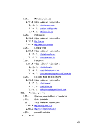 456
2.21.1. Manuales, tutoriales
2.21.1.1. Sitios en Internet referenciales
2.21.1.1.1. http://illasaron.com
2.21.1.1.2. http://tutorial-lab.com
2.21.1.1.3. http://aulaclic.es
2.21.2. Diccionarios
2.21.2.1. Sitios en Internet referenciales
2.21.2.2. http://rae.es
2.21.2.3. http://diccionarios.com
2.21.3. Enciclopedias
2.21.3.1. Sitios en Internet referenciales
2.21.3.1.1. http://wikipedia.org
2.21.3.1.2. http://britannica.es
2.21.4. Bibliotecas
2.21.4.1. Sitios en Internet referenciales
2.21.4.1.1. http://bdl.org/es
2.21.4.1.2. http://bibliotecas.csic.es
2.21.4.1.3. http://bibliotecadigitalhispanica.bne.es
2.21.5. Bases de datos de conocimiento
2.21.5.1. Sitios en Internet referenciales
2.21.5.1.1. http://rima.org
2.21.5.1.2. http://bdcol.org
2.21.5.1.3. http://bibliotecasdelecuador.com
2.22. Animación y comics
2.22.1. Concepto, características e importancia
2.22.2. Modo de trabajo
2.22.3. Sitios en Internet referenciales
2.22.3.1. http://www.pixton.com
2.22.3.2. http://www.goanimate.com
2.22.4. Aplicación práctica
2.23. Audio
 