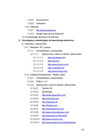476
1.3.2.2. Comunicación
1.3.2.3. Evaluación
1.3.3. Webapps
1.3.3.1. http://www.eduapps.es/
1.3.3.2. Google Apps para la Educación
1.4. El aprendizaje electrónico (E-learning)
2. Tecnologías y metodologías del aprendizaje electrónico
2.1. Hardware y aplicaciones
2.1.1. Netbooks, PC, Laptops
2.1.1.1. Características y propiedades
2.1.1.1.1. Aplicaciones y sitios en Internet referenciales
2.1.1.1.1.1. https://pinterest.com/
2.1.1.1.1.2. http://paper.li/
2.1.1.1.1.3. http://www.screenr.com/
2.1.1.1.1.4. https://edshelf.com/
2.1.1.1.1.5. http://www.knovio.com/
2.1.2. Celulares,Smarhphones, Tablets, Ipads
2.1.2.1. Características y propiedades
2.1.2.2. Política 1 a 1
2.1.2.3. Aplicaciones y sitios en Internet referenciales
2.1.2.3.1. Teacher Kit
2.1.2.3.2. GeoGoogle
2.1.2.3.3. http://www.classcharts.com/
2.1.2.3.4. http://socrative.com/
2.1.2.3.5. http://classwith.us/
2.1.2.3.6. http://42class.com
2.1.2.3.7. http://www.knowmia.com/
2.1.2.3.8. http://www.stickynotesapp.com/
2.1.2.3.9. http://www.isbx.com/facetalk/
2.1.2.3.10. http://www.vcasmo.com/
2.1.2.3.11. http://www.google.com/mobile/skymap/
 