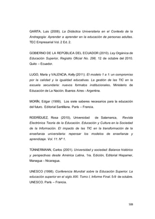 508
GARITA, Luis (2008). La Didáctica Universitaria en el Contexto de la
Andragogía: Aprender a aprender en la educación de personas adultas.
TEC Empresarial Vol. 2 Ed. 2.
GOBIERNO DE LA REPÚBLICA DEL ECUADOR (2010). Ley Orgánica de
Educación Superior, Registro Oficial No. 298, 12 de octubre del 2010.
Quito – Ecuador.
LUGO, María y VALENCIA, Kelly (2011). El modelo 1 a 1: un compromiso
por la calidad y la igualdad educativas. La gestión de las TIC en la
escuela secundaria: nuevos formatos institucionales. Ministerio de
Educación de La Nación. Buenos Aires - Argentina.
MORÍN, Edgar (1999). Los siete saberes necesarios para la educación
del futuro. Editorial Santillana. París – Francia.
RODRÍGUEZ, Rosa (2010), Universidad de Salamanca, Revista
Electrónica Teoría de la Educación. Educación y Cultura en la Sociedad
de la Información. El impacto de las TIC en la transformación de la
enseñanza universitaria: repensar los modelos de enseñanza y
aprendizaje. Vol. 11. Nº 1.
TÜNNERMANN, Carlos (2001). Universidad y sociedad: Balance histórico
y perspectivas desde América Latina, 1ra. Edición, Editorial Hispamer,
Managua - Nicaragua.
UNESCO (1998). Conferencia Mundial sobre la Educación Superior. La
educación superior en el siglo XXI. Tomo I, Informe Final. 5-9 de octubre.
UNESCO. París – Francia.
 