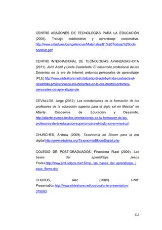 512
CENTRO ARAGONÉS DE TECNOLOGÍAS PARA LA EDUCACIÓN
(2008). Trabajo colaborativo y aprendizaje cooperativo.
http://www.catedu.es/competencias/Materiales/01%20Trabajo%20cola
borativo.pdf
CENTRO INTERNACIONAL DE TECNOLOGÍAS AVANZADAS-CITA
(2011). Jordi Adell y Linda Castañeda: El desarrollo profesional de los
Docentes en la era de Internet, entornos personales de aprendizaje
(PLE).http://www.slideshare.net/citafgsr/jordi-adell-y-linda-castaeda-el-
desarrollo-profesional-de-los-docentes-en-la-era-internet-entornos-
personales-de-aprendizaje-ple
CEVALLOS, Jorge (2012). Las orientaciones de la formación de los
profesores de la educación superior para el siglo xxi en México" en
Atlante. Cuadernos de Educación y Desarrollo.
http://atlante.eumed.net/las-orientaciones-de-la-formacion-de-los-
profesores-de-la-educacion-superior-para-el-siglo-xxi-en-mexico/.
CHURCHES, Andrew (2009). Taxonomía de Bloom para la era
digital.http://www.eduteka.org/TaxonomiaBloomDigital.php
COLEGIO DE POST-GRADUADOS, Financiera Rural (2009). Las
bases del aprendizaje. Jesús
Flores.http://www.smt.colpos.mx/16/mp._las_bases_del_aprendizaje._j
esus_flores.doc
COUROS, Alec (2008). CNIE
Presentation.http://www.slideshare.net/courosa/cnie-presentation-
379583
 