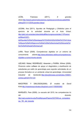 516
LEÓN, Francisco (2011), 8 grandes
ideas.http://www2.gobiernodecanarias.org/educacion/clicescuela20/blo
g/blog/2011/11/25/8-grandes-ideas/
LICONA, Ana (2011). Apuntes de Pedagogía y Didáctica para el
ejercicio de la actividad docente en el Aula Virtual.
http://gte2.uib.es/edutec/sites/default/files/congresos/edutec11/Ponenci
as/Mesa%201-
def/Apuntes%20de%20pedagog%C3%ADa%20y%20did%C3%A1ctica
%20para%20el%20ejercicio%20de%20la%20actividad%20docente%2
0en%20el%20aula%20virtual.pdf.
LARA, Tíscar (2009). Competencias digitales en un entorno de
conocimiento abierto.http://www.slideshare.net/tiscar/competencias-
digitales-y-conocimiento-abierto
LIZCANO. Rafael, RODRÍGUEZ, Alexander y PARRA, Wilmer (2006).
Ponencia sobre software de apoyo al diagnóstico y clasificación de
estudiantes por estilo de aprendizaje para soportar actividades de un
proceso formativo en un ambiente virtual de aprendizaje, Universidad
Industrial de Santander.http://ebookbrowse.com/articles-108461-
archivo-pdf-d31741123
MAESTROS Y DIÁLOGOS(2006). El modelo de David
Kolb.http://maestrosycontextos.blogdiario.com/1156093080/
MARQUÉS, Pere (2008). La escuela del 2015, las competencias tic
del docente.
http://uab.academia.edu/PereMarques/Papers/323748/Las_competenc
ias_TIC_del_docente
 