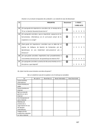 627
Encerrar en un círculo la respuesta de su elección o un visto(√) en caso de desconocer
13 PREGUNTAS Desconozco 1= NULO …
5=MAS ALTO
13 ¿En qué grado de importancia considera Ud. al manejo de las
TIC en la Gestión Docente Universitaria? 1 2 3 4 5
14 ¿En qué grado considera que es importante apoyarse en las
herramientas informáticas en el curriculum actual de la
asignatura a su cargo?
1 2 3 4 5
15 ¿Qué grado de importancia considera que se debe dar al
empleo de Software de Gestión de Contenidos y/o de
Aprendizajes en una modalidad semi-presencial y/o a
distancia?
1 2 3 4 5
16 ¿En qué grado considera importante crear procedimientos e
instrumentos de evaluación de aprendizaje en entorno TIC? 1 2 3 4 5
17 ¿En qué grado considera su evolución deconocimientos en la-s
disciplina-s que imparte? 1 2 3 4 5
18. ¿Qué nivel de conocimientos considera disponer?
Dar un visto(√) en caso de no aplicar o en el nivel que se considere.
En No aplico Nivel Básico Nivel Intermedio Nivel Avanzado
Conocimientos
Informáticos
Conocimientos en
redes
Conocimientos en
Internet
Aplicacionesde
gestión en red e
Internet
Uso de equipos en
red e Internet
Medidas de
prevención y
seguridad en el uso
de equipos
informáticos
Integración de
programas y equipos
en red e Internet
 