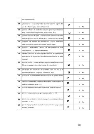 632
uso y presentación?
14 ¿Comprende y hace comprender las implicaciones legales del
uso de software y sus tipos de licencias? Sí No
15 ¿Utiliza software de productividad para generar productos de
fines administrativos? (informes, actas, notas, etc.). Sí No
16 ¿Emplea recursos de redes y comunicación con los estudiantes
de su asignatura y/o con el resto de la comunidad educativa? Sí No
17 ¿Dispone de fuentes de información y sitios relevantes
relacionados con las TIC en el quehacer educativo? Sí No
18 ¿Practica, experimenta y evalúa con herramientas TIC para
incorporarlas a su quehacer educativo? Sí No
19 ¿Accede, participa y contribuye en espacios de reflexión de
experiencias de aprendizaje por medios tradicionales, en red o
Internet?
Sí No
20 ¿Utiliza, evalúa y comparte ideas, experiencias y herramientas
TIC para incorporarlas en estrategias de aprendizaje? Sí No
21 ¿Participa en instancias relacionadas con las TIC y el
aprendizaje?.(Foros, congresos, seminarios, etc.). Sí No
22 ¿Utiliza las TIC como medio en la evaluación de aprendizajes?
Sí No
23 ¿Realiza y lleva a cabo Proyectos Pedagógicos y/o Andragógicos
de Aula con apoyo de las TIC? Sí No
24 ¿Utiliza métodos y técnicas activas con el apoyo de las TIC?
Sí No
25 ¿Existen proyectos entre asignaturas apoyados en TIC?
Sí No
26 ¿Existe Intercambioentre Docentes de experiencias de aprendizaje
apoyadas en TIC? Sí No
27 ¿Existe algún proyectode desarrollode conocimientos apoyados en
TIC para Docentes? Sí No
 