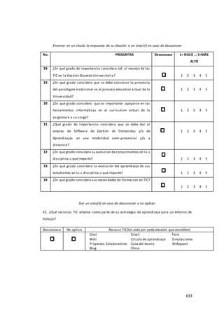 633
Encerrar en un círculo la respuesta de su elección o un visto(√) en caso de desconocer
No. PREGUNTAS Desconozco 1= NULO … 5=MAS
ALTO
28 ¿En qué grado de importancia considera Ud. al manejo de las
TIC en la Gestión Docente Universitaria? 1 2 3 4 5
29 ¿En qué grado considera que se debe conservar la presencia
del paradigma tradicional en el proceso educativo actual de la
Universidad?
1 2 3 4 5
30 ¿En qué grado considera que es importante apoyarse en las
herramientas informáticas en el curriculum actual de la
asignatura a su cargo?
1 2 3 4 5
31 ¿Qué grado de importancia considera que se debe dar al
empleo de Software de Gestión de Contenidos y/o de
Aprendizajes en una modalidad semi-presencial y/o a
distancia?
1 2 3 4 5
32 ¿En qué grado considera su evolución deconocimientos en la-s
disciplina-s que imparte? 1 2 3 4 5
33 ¿En qué grado considera la evolución del aprendizaje de sus
estudiantes en la-s disciplina-s que imparte? 1 2 3 4 5
34 ¿En qué grado considera sus necesidades de Formación en TIC?
1 2 3 4 5
Dar un visto(√) en caso de desconocer o no aplicar.
35. ¿Qué recursos TIC emplea como parte de su estrategia de aprendizaje para un entorno de
trabajo?
Desconozco No aplico Recurso TIC(Un visto por cada elección que considere)
Chat Email Foro
Wiki Círculo de aprendizaje Simulaciones
Proyectos Colaborativos Caza del tesoro Webquest
Blog Otros
 