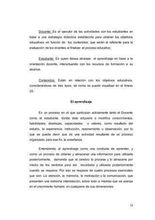 52
Docente: Es el ejecutor de las actividades con los estudiantes en
base a una estrategia didáctica establecida para obtener los objetivos
educativos en función de los contenidos, que serán el referente para la
evaluación de los dicentes al finalizar el proceso educativo.
Estudiante: Es quien desea alcanzar el aprendizaje en base a la
orientación docente, interactuando con los recursos de formación a su
alcance.
Contenidos: Están en relación con los objetivos educativos,
considerándose de tres tipos, tal como se puede visualizar en el Anexo
25.
El aprendizaje
Es un proceso en el que participan activamente tanto el Docente
como el estudiante, donde éste adquiere o modifica conocimientos,
habilidades, destrezas, capacidades o valores, como resultado del
estudio, la experiencia, instrucción, razonamiento u observación, por lo
que se puede decir que es una actividad resultante de un proceso
organizado para ese fin, la enseñanza.
Entendiendo al aprendizaje como una conducta de aprender, y
como un proceso de obtener y almacenar una información para utilizarla
posteriormente, demanda que el cerebro lo procese y lo almacene por
medio de los sentidos para ser recordada y utilizada posteriormente
cuando se requiera. Por eso se requiere de cuatro procesos esenciales
que son: La atención, la memoria, la motivación y la comunicación, que
presentan una estrecha interrelación, sobre todo a medida que se avanza
en el crecimiento humano en cualquiera de sus dimensiones.
 