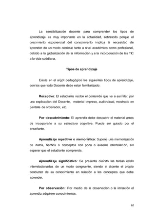 62
La sensibilización docente para comprender los tipos de
aprendizaje es muy importante en la actualidad, sobretodo porque el
crecimiento exponencial del conocimiento implica la necesidad de
aprender de un modo continuo tanto a nivel académico como profesional,
debido a la globalización de la información y a la incorporación de las TIC
a la vida cotidiana.
Tipos de aprendizaje
Existe en el argot pedagógico los siguientes tipos de aprendizaje,
con los que todo Docente debe estar familiarizado:
Receptivo: El estudiante recibe el contenido que va a asimilar, por
una explicación del Docente, material impreso, audiovisual, mostrado en
pantalla de ordenador, etc.
Por descubrimiento: El aprendiz debe descubrir el material antes
de incorporarlo a su estructura cognitiva. Puede ser guiado por el
enseñante.
Aprendizaje repetitivo o memorístico: Supone una memorización
de datos, hechos o conceptos con poca o ausente interrelación, sin
esperar que el estudiante comprenda.
Aprendizaje significativo: Se presenta cuando las tareas están
interrelacionadas de un modo congruente, siendo el dicente el propio
conductor de su conocimiento en relación a los conceptos que debe
aprender.
Por observación: Por medio de la observación o la imitación el
aprendiz adquiere conocimientos.
 