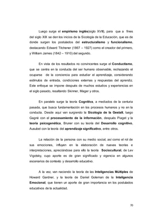 70
Luego surge el empirismo inglés(siglo XVIII), para que a fines
del siglo XIX se den los inicios de la Sicología de la Educación, que es de
donde surgen los postulados del estructuralismo y funcionalismo,
destacando Edward Titchener (1867 – 1927) como el creador del primero,
y William James (1842 – 1910) del segundo.
En vista de los resultados no convincentes surge el Conductismo,
que se centra en la conducta del ser humano observable, rechazando el
ocuparse de la conciencia para estudiar el aprendizaje, considerando
estímulos de entrada, condiciones externas y respuestas del aprendiz.
Este enfoque se impone después de muchos estudios y experiencias en
el siglo pasado, resaltando Skinner, Mager y otros.
En paralelo surge la teoría Cognitiva, a mediados de la centuria
pasada, que busca fundamentación en los procesos humanos y no en la
conducta. Desde aquí van surgiendo la Sicología de la Gestalt, luego
Gagné con el procesamiento de la información, después Piaget y la
teoría psicogenética, Bruner con su teoría del Desarrollo cognitivo,
Ausubel con la teoría del aprendizaje significativo, entre otros.
La relación de la persona con su medio social, así como el rol de
sus emociones, influyen en la elaboración de nuevas teorías e
interpretaciones, apreciándose para ello la teoría Sociocultural, de Lev
Vigotsky, cuyo aporte es de gran significado y vigencia en algunos
escenarios de contexto y desarrollo educativo.
A la vez, van naciendo la teoría de las Inteligencias Múltiples de
Howard Gardner, y la teoría de Daniel Goleman de la Inteligencia
Emocional, que tienen un aporte de gran importancia en los postulados
educativos de la actualidad.
 