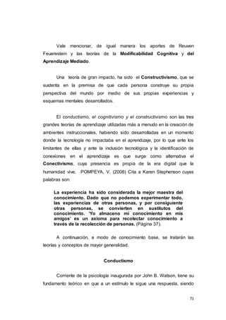71
Vale mencionar, de igual manera los aportes de Reuven
Feuerestein y las teorías de la Modificabilidad Cognitiva y del
Aprendizaje Mediado.
Una teoría de gran impacto, ha sido el Constructivismo, que se
sustenta en la premisa de que cada persona construye su propia
perspectiva del mundo por medio de sus propias experiencias y
esquemas mentales desarrollados.
El conductismo, el cognitivismo y el constructivismo son las tres
grandes teorías de aprendizaje utilizadas más a menudo en la creación de
ambientes instruccionales, habiendo sido desarrolladas en un momento
donde la tecnología no impactaba en el aprendizaje, por lo que ante los
limitantes de ellas y ante la inclusión tecnológica y la identificación de
conexiones en el aprendizaje es que surge como alternativa el
Conectivismo, cuya presencia es propia de la era digital que la
humanidad vive. POMPEYA, V. (2008) Cita a Karen Stephenson cuyas
palabras son:
La experiencia ha sido considerada la mejor maestra del
conocimiento. Dado que no podemos experimentar todo,
las experiencias de otras personas, y por consiguiente
otras personas, se convierten en sustitutos del
conocimiento. ‘Yo almaceno mi conocimiento en mis
amigos’ es un axioma para recolectar conocimiento a
través de la recolección de personas. (Página 37).
A continuación, a modo de conocimiento base, se tratarán las
teorías y conceptos de mayor generalidad.
Conductismo
Corriente de la psicología inaugurada por John B. Watson, tiene su
fundamento teórico en que a un estímulo le sigue una respuesta, siendo
 