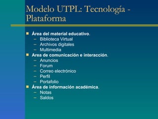 Área del material educativo . Biblioteca Virtual Archivos digitales Multimedia Area de comunicación e interacción . Anuncios Forum Correo electrónico Perfil Portafolio Área de información académica . Notas Saldos Modelo UTPL: Tecnología - Plataforma 