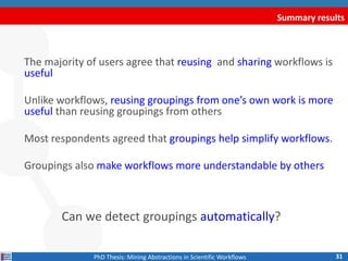 Summary results
The majority of users agree that reusing and sharing workflows is
useful
Unlike workflows, reusing groupin...