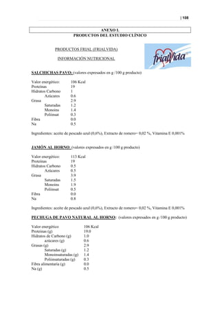 | 108


                                  ANEXO I.
                        PRODUCTOS DEL ESTUDIO CLÍNICO


             PRODUCTOS FRIAL (FRIALVIDA)

               INFORMACIÓN NUTRICIONAL


SALCHICHAS PAVO: (valores expresados en g /100 g producto)

Valor energético:      106 Kcal
Proteínas              19
Hidratos Carbono       1
        Azúcares       0.6
Grasa                  2.9
        Saturadas      1.2
        Monoins        1.4
        Poliinsat      0.3
Fibra                  0.0
Na                     0.5

Ingredientes: aceite de pescado azul (0,6%), Extracto de romero= 0,02 %, Vitamina E 0,001%


JAMÓN AL HORNO: (valores expresados en g /100 g producto)

Valor energético:      113 Kcal
Proteínas              19
Hidratos Carbono       0.5
        Azúcares       0.5
Grasa                  3.9
        Saturadas      1.5
        Monoins        1.9
        Poliinsat      0.5
Fibra                  0.0
Na                     0.8

Ingredientes: aceite de pescado azul (0,6%), Extracto de romero= 0,02 %, Vitamina E 0,001%

PECHUGA DE PAVO NATURAL AL HORNO: (valores expresados en g /100 g producto)

Valor energético              106 Kcal
Proteinas (g)                 19.0
Hidratos de Carbono (g)       1.0
        azúcares (g)          0.6
Grasas (g)                    2.9
        Saturadas (g)         1.2
        Monoinsaturadas (g)   1.4
        Poliinsaturadas (g)   0.3
Fibra alimentaria (g)         0.0
Na (g)                        0.5
 
