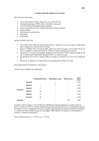 | 121


                              VALORACIÓN DE TBARS EN PLASMA

REACTIVOS Y MATERIAL

        Ácido Tiobarbitúrico (TBA), Sigma (St. Louis, MO. EE.UU).
        Tetramethoxypropane (TMP), Aldrich (Steinhein, Alemania).
        HCl 35% Panreac (Montcada i Reixac, España).
        Ácido tricloroacético (TCA), Panreac (Montcada i Reixac, España).
        Agua ultrapura.
        Baño de agua termostatizado.
        Centrífuga.
        Fluorímetro.

DISOLUCIONES PREVIAS

        TCA 100%: Pesar 100 g de ácido tricloroacético y disolver en un poco de agua. Añadir agua
         hasta completar un volumen final de 100 mL.
        Reactivo TBARS: Pesar 750 mg de TBA, añadir unos 50 mL de agua, 5 mL de HCl, 30 mL de
         TCA y completar con agua hasta 200 mL. Disolver el TBA, agitando vigorosamente.
        Disolución A: Se pesan exactamente alrededor de 20.525 mg de TMP en matraz aforado de 50
         mL, se añaden aproximadamente 40 gotas de HCl y se enrasa con agua.
        Disolución B. En un tubo se pipetean 990 µL de agua y se mezclan con 10 µL de la disolución
         A.
        Disolución C: Mezclar en un tubo 500 µL de la Disolución B y 500 µL de agua.

TRATAMIENTO DE PATRONES Y MUESTRAS

En tubos nuevos, pipetear (por triplicado):




                                                                                             Agua
                              Disolución B (µL)     Disolución C (µL)     Plasma (µL)
                                                                                             (mL)
                  Patrón0              -                    -                   -            1,300
                  Patrón1              -                    5                   -            1,295
                  Patrón2              5                    -                   -            1,295
    Patrones
                  Patrón3             10                    -                   -            1,290
                  Patrón4             15                    -                   -            1,285
                  Patrón5             30                    -                   -            1,270
    Muestras                           -                    -                 140            1,160

Se añade a todos los tubos 1.5 mL del Reactivo TBARS previamente preparado y se agitan todos los
tubos. Se calienta a 85-90 ºC en baño, tomando precauciones para prevenir la luz y la evaporación durante
20 minutos. Una vez completada la reacción, se agitan vigorosamente los tubos para eliminar las burbujas
y se enfrían los tubos en baño de agua. Se centrifugan a 400 g durante 10 minutos y el sobrenadante se
transfiere a cubetas de fluorimetría.

Se lee la fluorescencia a λex = 515 nm, λem = 553 nm.
 