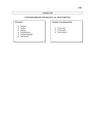 | 128


                            ANEXO VIII

             CUESTIONARIO DE TOLERANCIA AL TRATAMIENTO

Tolerancia                           Cambios en la alimentación

      Nauseas
      Acidez                               Como más
      Diarrea                              Como igual
      Estreñimiento                        Como menos
      Vientre hinchado
      Mal aliento
 