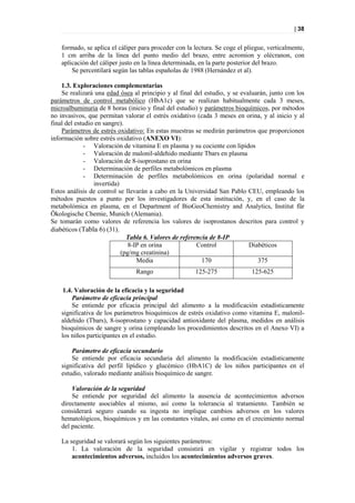 | 38


    formado, se aplica el cáliper para proceder con la lectura. Se coge el pliegue, verticalmente,
    1 cm arriba de la línea del punto medio del brazo, entre acromion y olécranon, con
    aplicación del cáliper justo en la línea determinada, en la parte posterior del brazo.
        Se percentilará según las tablas españolas de 1988 (Hernández et al).

    1.3. Exploraciones complementarias
    Se realizará una edad ósea al principio y al final del estudio, y se evaluarán, junto con los
parámetros de control metabólico (HbA1c) que se realizan habitualmente cada 3 meses,
microalbuminuria de 8 horas (inicio y final del estudio) y parámetros bioquímicos, por métodos
no invasivos, que permitan valorar el estrés oxidativo (cada 3 meses en orina, y al inicio y al
final del estudio en sangre).
    Parámetros de estrés oxidativo: En estas muestras se medirán parámetros que proporcionen
información sobre estrés oxidativo (ANEXO VI):
             - Valoración de vitamina E en plasma y su cociente con lipidos
             - Valoración de malonil-aldehido mediante Tbars en plasma
             - Valoración de 8-isoprostano en orina
             - Determinación de perfiles metabolómicos en plasma
             - Determinación de perfiles metabolómicos en orina (polaridad normal e
                 invertida)
Estos análisis de control se llevarán a cabo en la Universidad San Pablo CEU, empleando los
métodos puestos a punto por los investigadores de esta institución, y, en el caso de la
metabolómica en plasma, en el Department of BioGeoChemistry and Analytics, Institut für
Ökologische Chemie, Munich (Alemania).
Se tomarán como valores de referencia los valores de isoprostanos descritos para control y
diabéticos (Tabla 6) (31).
                              Tabla 6. Valores de referencia de 8-IP
                               8-IP en orina            Control             Diabéticos
                            (pg/mg creatinina)
                                  Media                   170                  375
                                Rango                  125-275               125-625

     1.4. Valoración de la eficacia y la seguridad
         Parámetro de eficacia principal
         Se entiende por eficacia principal del alimento a la modificación estadísticamente
    significativa de los parámetros bioquímicos de estrés oxidativo como vitamina E, malonil-
    aldehido (Tbars), 8-isoprostano y capacidad antioxidante del plasma, medidos en análisis
    bioquímicos de sangre y orina (empleando los procedimientos descritos en el Anexo VI) a
    los niños participantes en el estudio.

        Parámetro de eficacia secundario
        Se entiende por eficacia secundaria del alimento la modificación estadísticamente
    significativa del perfil lipídico y glucémico (HbA1C) de los niños participantes en el
    estudio, valorado mediante análisis bioquímico de sangre.

        Valoración de la seguridad
        Se entiende por seguridad del alimento la ausencia de acontecimientos adversos
    directamente asociables al mismo, así como la tolerancia al tratamiento. También se
    considerará seguro cuando su ingesta no implique cambios adversos en los valores
    hematológicos, bioquímicos y en las constantes vitales, así como en el crecimiento normal
    del paciente.

    La seguridad se valorará según los siguientes parámetros:
        1. La valoración de la seguridad consistirá en vigilar y registrar todos los
        acontecimientos adversos, incluidos los acontecimientos adversos graves.
 