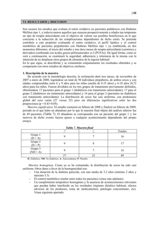 | 42


VI. RESULTADOS y DISCUSION

Son escasos los estudios que evaluan el estrés oxidativo en pacientes pediátricos con Diabetes
Mellitus tipo 1, y todavía menos aquellos que ensayan prospectivamente a edades tan tempranas
un tipo de terapia antioxidante con el objetivo de valorar sus posibles beneficiosos en lo que
concierne a la reducción de las complicaciones dependientes de dicho estrés. Se pretende
contribuir a este propósito evaluando el estrés oxidativo, el perfil lipídico y el control
metabólico de pacientes prepuberales con Diabetes Mellitus tipo 1 ya establecida, en dos
momentos diferentes: al inicio del estudio y tras doce meses de terapia antioxidante (carnósico y
derivados) combinada con ácidos grasos poliinsaturados ω-3 (PUFAs). De igual forma, como se
verá a continuación, se examinará la seguridad, adherencia y tolerancia de la misma con la
intención de no desplazar otros grupos de alimentos de la ingesta habitual.
En lo que sigue, se describirán y se comentarán conjuntamente los resultados obtenidos y se
compararán con otros estudios de objetivos similares.

1. Descripción de la muestra
    De acuerdo con la metodología descrita, la reclutación duró tres meses, de noviembre de
2007 a enero de 2008, lográndose un total de 50 individuos prepuberes, de ambos sexos y con
edades comprendidas entre 6 y 9 años para las niñas (media de 8.33 años) y 6-10 años (8,72
años) para los niños. Fueron divididos en los tres grupos de tratamiento previamente definidos,
obteniendose 17 pacientes para el grupo 1 (diabéticos con tratamiento antioxidante), 17 para el
grupo 2 (diabéticos sin tratamiento antioxidante) y 16 para el grupo 3 (pacientes no diabéticos
con tratamiento antioxidante). La distribución de sexos fue casi uniforme, con predominio
global del sexo varón (27 versus 23) pero sin diferencias significativas entre las dos
proporciones (p = 0.43>0.05).
    Muestra significativa. El estudio comenzó en febrero de 2008 y finalizó en febrero de 2009,
periodo en el que hubo un abandono por lo que la muestra final objeto del análisis ulterior fue
de 49 pacientes (Tabla 7). El abandono se correspondía con un paciente del grupo 1 y los
motivos de dicho evento fueron ajenos a cualquier acontecimiento dependiente del propio
ensayo.

                                         Tabla 7. Muestra final
                                       ♂                      ♀                  Totales
       Grupo 1
                                        9                          7               16
       (D + A)
       Grupo 2
                                        9                          8               17
       (D + P)
       Grupo 3
                                        9                          7               16
      (ND + A)
                                       27                          22              49
    D: Diabético; ND: No diabético; A: Antioxidantes; P: Placebo

     Muestra homogénea. Como ya se ha comentado, la distribución de sexos ha sido casi
uniforme. Otros datos a favor de la homogeneidad son:
     - Una duración de la diabetes parecida, con una media de 3.2 años (mínimo 2 años y
         máximo 5.3)
     - El control metabólico similar entre todos los pacientes (véase más adelante).
     - Un cumplimiento terapeútico homogéneo y la ausencia de acontecimientos relevantes
         que puedan haber interferido en los resultados (régimen dietético habitual, efectos
         adversos de los productos, toma de medicamentos, patología concomitante, etc).
         Véase siguiente apartado.
 