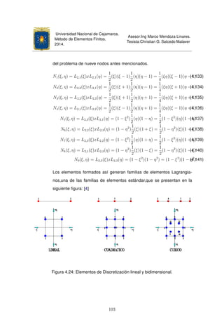 Universidad Nacional de Cajamarca.
Método de Elementos Finitos.
2014.
Asesor:Ing Marco Mendoza Linares.
Tesista:Christian G. Salcedo Malaver
del problema de nueve nodos antes mencionados.
N1(ξ, η) = L2,1(ξ)xL2,1(η) =
1
2
(ξ)(ξ − 1)
1
2
(η)(η − 1) =
1
4
(ξη)(ξ − 1)(η − 1)(4.133)
N2(ξ, η) = L2,2(ξ)xL2,1(η) =
1
2
(ξ)(ξ + 1)
1
2
(η)(η − 1) =
1
4
(ξη)(ξ + 1)(η − 1)(4.134)
N3(ξ, η) = L2,2(ξ)xL2,2(η) =
1
2
(ξ)(ξ + 1)
1
2
(η)(η + 1) =
1
4
(ξη)(ξ + 1)(η + 1)(4.135)
N4(ξ, η) = L2,1(ξ)xL2,2(η) =
1
2
(ξ)(ξ − 1)
1
2
(η)(η + 1) =
1
4
(ξη)(ξ − 1)(η + 1)(4.136)
N5(ξ, η) = L2,3(ξ)xL2,1(η) = (1 − ξ2
)
1
2
(η)(1 − η) =
1
2
(1 − ξ2
)(η)(1 − η)(4.137)
N6(ξ, η) = L2,2(ξ)xL2,3(η) = (1 − η2
)
1
2
(ξ)(1 + ξ) =
1
2
(1 − η2
)(ξ)(1 + ξ)(4.138)
N7(ξ, η) = L2,3(ξ)xL2,2(η) = (1 − ξ2
)
1
2
(η)(1 + η) =
1
2
(1 − ξ2
)(η)(1 + η)(4.139)
N8(ξ, η) = L2,1(ξ)xL2,3(η) = (1 − η2
)
1
2
(ξ)(1 − ξ) =
1
2
(1 − η2
)(ξ)(1 − ξ)(4.140)
N9(ξ, η) = L2,3(ξ)xL2,3(η) = (1 − ξ2
)(1 − η2
) = (1 − ξ2
)(1 − η2
)(4.141)
Los elementos formados así generan familias de elementos Lagrangia-
nos,una de las familias de elementos estándar,que se presentan en la
siguiente ﬁgura: [4]
Figura 4.24: Elementos de Discretización lineal y bidimensional.
103
 