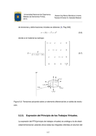 Universidad Nacional de Cajamarca.
Método de Elementos Finitos.
2014.
Asesor:Ing Marco Mendoza Linares.
Tesista:Christian G. Salcedo Malaver
de tensiones y deformaciones iniciales se obtienes: [4, Pag 246]
σ = D(ε − ε0
) + σ0
(5.6)
donde si el material es isotropo:
D =
E
(1 + ν)(1 − 2ν)

















1 − ν ν ν 0
ν 1 − ν ν 0
ν ν 1 − ν 0
0 0 0 1−2ν
2

















(5.7)
Figura 5.2: Tensiones actuando sobre un elemento diferencial de un solido de revolu-
ción.
5.2.5. Expresión del Principio de los Trabajos Virtuales.
La expresión del PTV(principio de trabajos virtuales) es análoga a la de elasti-
cidad biimensional ,estando ahora todas las integrales referidas al volumen del
117
 