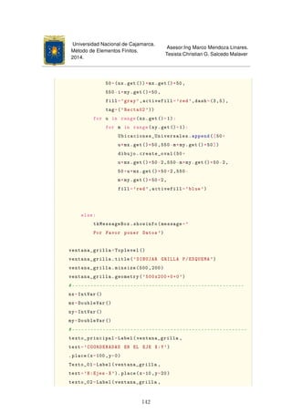 Universidad Nacional de Cajamarca.
Método de Elementos Finitos.
2014.
Asesor:Ing Marco Mendoza Linares.
Tesista:Christian G. Salcedo Malaver
50+(nx.get())*mx.get()*50,
550-i*my.get()*50,
fill='gray',activefill='red',dash=(3,5),
tag=('Recta02 '))
for u in range(nx.get()+1):
for m in range(ny.get()+1):
Ubicaciones_Universales.append([50+
u*mx.get()*50,550-m*my.get()*50])
dibujo.create_oval(50+
u*mx.get()*50-2,550-m*my.get()*50-2,
50+u*mx.get()*50+2,550-
m*my.get()*50+2,
fill='red',activefill='blue')
else:
tkMessageBox.showinfo(message='
Por Favor poner Datos')
ventana_grilla=Toplevel ()
ventana_grilla.title('DIBUJAR GRILLA P/ESQUEMA ')
ventana_grilla.minsize(500 ,200)
ventana_grilla.geometry('500x200+0+0')
#--------------------------------------------------------
nx=IntVar ()
mx=DoubleVar ()
ny=IntVar ()
my=DoubleVar ()
#---------------------------------------------------------
texto_principal=Label(ventana_grilla ,
text='COORDENADAS EN EL EJE X:Y')
.place(x=100 ,y=0)
Texto_01=Label(ventana_grilla ,
text='N:Ejes -X'). place(x=10,y=20)
texto_02=Label(ventana_grilla ,
142
 