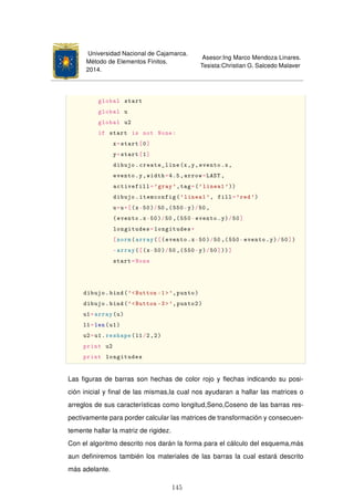 Universidad Nacional de Cajamarca.
Método de Elementos Finitos.
2014.
Asesor:Ing Marco Mendoza Linares.
Tesista:Christian G. Salcedo Malaver
global start
global u
global u2
if start is not None:
x=start[0]
y=start[1]
dibujo.create_line(x,y,evento.x,
evento.y,width=4.5,arrow=LAST ,
activefill='gray',tag=('linea1 '))
dibujo.itemconfig('linea1 ', fill='red')
u=u+[(x-50)/50 ,(550-y)/50 ,
(evento.x-50)/50 ,(550-evento.y)/50]
longitudes=longitudes+
[norm(array([(evento.x-50)/50 ,(550-evento.y)/50])
-array([(x-50)/50 ,(550-y)/50]))]
start=None
dibujo.bind('Button -1',punto)
dibujo.bind('Button -3',punto2)
u1=array(u)
l1=len(u1)
u2=u1.reshape(l1/2,2)
print u2
print longitudes
Las ﬁguras de barras son hechas de color rojo y ﬂechas indicando su posi-
ción inicial y ﬁnal de las mismas,la cual nos ayudaran a hallar las matrices o
arreglos de sus características como longitud,Seno,Coseno de las barras res-
pectivamente para porder calcular las matrices de transformación y consecuen-
temente hallar la matriz de rigidez.
Con el algoritmo descrito nos darán la forma para el cálculo del esquema,más
aun deﬁniremos también los materiales de las barras la cual estará descrito
más adelante.
145
 