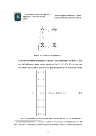 Universidad Nacional de Cajamarca.
Método de Elementos Finitos.
2014.
Asesor:Ing Marco Mendoza Linares.
Tesista:Christian G. Salcedo Malaver
Figura 8.10: Marco de Referencia.
Este método ordena los grados de libertad según el sentido de la barra la cual
nos dan la idea de cuales son los elementos de K11, K12, K21, K22, la cual está
descrito en los puntos de coordenadas globales respecto del sistema de barras.
π =



































1 2 3
a 1 d
b 2 e
c 3 f
1 4 4
2 5 5
3 6 6



































→ Grados de Libertad (8.3)
1
La fórmula general de ensamblaje tiene mucho que ver con el sentido de la
1
Esta forma de acoplamiento se encuentra en el libro de Tena Colunga Análisis Estructural con Mé-
todos Matriciales a esta forma de acoplamiento generalización de la matriz de acoplamiento elemento
πi
157
 