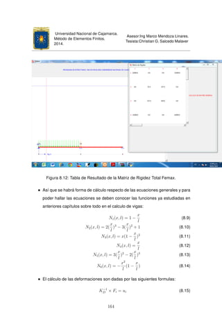 Universidad Nacional de Cajamarca.
Método de Elementos Finitos.
2014.
Asesor:Ing Marco Mendoza Linares.
Tesista:Christian G. Salcedo Malaver
Figura 8.12: Tabla de Resultado de la Matriz de Rigidez Total Femax.
Así que se habrá forma de cálculo respecto de las ecuaciones generales y para
poder hallar las ecuaciones se deben conocer las funciones ya estudiadas en
anteriores capítulos sobre todo en el calculo de vigas:
N1(x, l) = 1 −
x
l
(8.9)
N2(x, l) = 2(
x
l
)3
− 3(
x
l
)2
+ 1 (8.10)
N3(x, l) = x(1 −
x
l
)2
(8.11)
N4(x, l) =
x
l
(8.12)
N5(x, l) = 3(
x
l
)2
− 2(
x
l
)3
(8.13)
N6(x, l) = −
x2
l
(1 −
x
l
) (8.14)
El cálculo de las deformaciones son dadas por las siguientes formulas:
K−1
D × Fi = ui (8.15)
164
 
