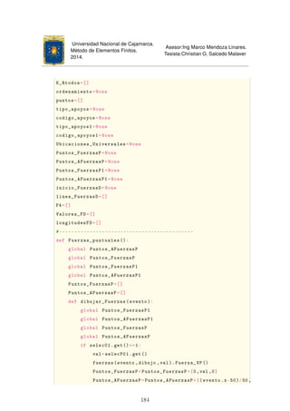 Universidad Nacional de Cajamarca.
Método de Elementos Finitos.
2014.
Asesor:Ing Marco Mendoza Linares.
Tesista:Christian G. Salcedo Malaver
K_Rtodos=[]
ordenamiento=None
puntos=[]
tipo_apoyos=None
codigo_apoyos=None
tipo_apoyos1=None
codigo_apoyos1=None
Ubicaciones_Universales=None
Puntos_FuerzasP=None
Puntos_AFuerzasP=None
Puntos_FuerzasP1=None
Puntos_AFuerzasP1=None
inicio_FuerzasD=None
linea_FuerzasD=[]
F4=[]
Valores_FD=[]
longitudesFD=[]
#--------------------------------------------
def Fuerzas_puntuales ():
global Puntos_AFuerzasP
global Puntos_FuerzasP
global Puntos_FuerzasP1
global Puntos_AFuerzasP1
Puntos_FuerzasP=[]
Puntos_AFuerzasP=[]
def dibujar_Fuerzas(evento):
global Puntos_FuerzasP1
global Puntos_AFuerzasP1
global Puntos_FuerzasP
global Puntos_AFuerzasP
if selec01.get()==1:
val=selecP01.get()
fuerzas(evento ,dibujo ,val). Fuerza_VP ()
Puntos_FuerzasP=Puntos_FuerzasP+[0,val ,0]
Puntos_AFuerzasP=Puntos_AFuerzasP+[(evento.x-50)/50,
184
 