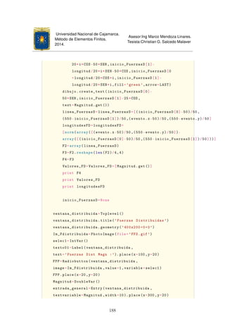Universidad Nacional de Cajamarca.
Método de Elementos Finitos.
2014.
Asesor:Ing Marco Mendoza Linares.
Tesista:Christian G. Salcedo Malaver
20*i*COS-50*SEN ,inicio_FuerzasD[1]-
longitud/20*i*SEN-50*COS ,inicio_FuerzasD[0
+longitud/20*COS*i,inicio_FuerzasD[1]-
longitud/20*SEN*i,fill='green ',arrow=LAST)
dibujo.create_text(inicio_FuerzasD[0]-
50*SEN ,inicio_FuerzasD[1]-25*COS ,
text=Magnitud.get())
linea_FuerzasD=linea_FuerzasD+[(inicio_FuerzasD[0]-50)/50,
(550-inicio_FuerzasD[1])/50 ,( evento.x-50)/50 ,(550-evento.y)/50]
longitudesFD=longitudesFD+
[norm(array([(evento.x-50)/50 ,(550-evento.y)/50])-
array([(inicio_FuerzasD[0]-50)/50 ,(550-inicio_FuerzasD[1])/50]))]
F2=array(linea_FuerzasD)
F3=F2.reshape(len(F2)/4,4)
F4=F3
Valores_FD=Valores_FD+[Magnitud.get()]
print F4
print Valores_FD
print longitudesFD
inicio_FuerzasD=None
ventana_distribuida=Toplevel ()
ventana_distribuida.title('Fuerzas Distribuidas ')
ventana_distribuida.geometry('400x200+0+0')
Im_Fdistribuida=PhotoImage(file='FFD.gif')
selec1=IntVar ()
texto01=Label(ventana_distribuida ,
text='Fuerzas Dist Magn :'). place(x=100 ,y=20)
FPP=Radiobutton(ventana_distribuida ,
image=Im_Fdistribuida ,value=1,variable=selec1)
FPP.place(x=20,y=20)
Magnitud=DoubleVar ()
entrada_general=Entry(ventana_distribuida ,
textvariable=Magnitud ,width=10). place(x=300 ,y=20)
188
 