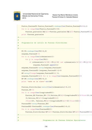 Universidad Nacional de Cajamarca.
Método de Elementos Finitos.
2014.
Asesor:Ing Marco Mendoza Linares.
Tesista:Christian G. Salcedo Malaver
Puntos_FuerzasP2=Puntos_FuerzasP1.reshape(len(Puntos_FuerzasP1)*3,1)
for i in range(len(Puntos_FuerzasP1)*3):
Fuerzas_puntuales[WQ[i]]=Fuerzas_puntuales[WQ[i]]+Puntos_FuerzasP2[i]
print Fuerzas_puntuales
#--------------------------------------------------------
#
# Programacion de calculo de Fuerzas Distribuidas
#
#----------------------------------------------------------
F5=F4.reshape(len(F4)*2,2)
esquema_FuerzasD=[]
for i in range(len(ordenamiento )):
for j in range(len(F5)):
if ordenamiento[i][0]==F5[j][0] and ordenamiento[i][1]==F5[j][1]:
esquema_FuerzasD.append(i)
esquema_FuerzasD1=array(esquema_FuerzasD)
esquema_FuerzasD2=(esquema_FuerzasD1+1)*3
WU=array([range(esquema_FuerzasD2[i]-3,
esquema_FuerzasD2[i]) for i in range(len(esquema_FuerzasD2 ))])
WP=WU.reshape(len(WU)*3,1)
print 'este es la clave'+str(WP)
Fuerzas_Distribuidas=zeros ((len(ordenamiento)*3,1))
Fuerzas_DD=[]
for i in range(len(longitudesFD )):
Fuerzas_DD=Fuerzas_DD+[[0,Valores_FD[i]*(longitudesFD[i])/float(2),Va
[0,Valores_FD[i]*(longitudesFD[i])
/float(2),-Valores_FD[i]*(longitudesFD[i]**2)/float(12)]]
FuerzasDD1=array(Fuerzas_DD)
FuerzasDD2=FuerzasDD1.reshape(len(FuerzasDD1)*3,1)
for i in range(len(FuerzasDD2 )):
Fuerzas_Distribuidas[WP[i]]=Fuerzas_Distribuidas[WP[i]]+FuerzasDD2[i]
#----------------------------------------------------------------------------
#
# Programacion de Fuerzas Nodales Equivalentes
196
 
