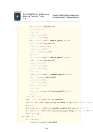 Universidad Nacional de Cajamarca.
Método de Elementos Finitos.
2014.
Asesor:Ing Marco Mendoza Linares.
Tesista:Christian G. Salcedo Malaver
TDef=fiig.add_subplot(221)
title(r'$D_{i}$')
grid(True)
xlabel(r'$x_{i}$')
ylabel(r'$delta$ ')
TDef.plot(X[m.get()],DEFF[m.get()],'r--')
TGir=fiig.add_subplot(222)
title(r'$theta_{i}$')
xlabel(r'$x_{i}$')
ylabel(r'$theta_{i}$')
grid(True)
TGir.plot(X[m.get()],DEFG[m.get()],'r--')
TMom=fiig.add_subplot(223)
title(r'$M_{i}$')
xlabel(r'$x_{i}$')
ylabel(r'$M_{i}$')
grid(True)
TMom.plot(X[m.get()],Momenx[m.get()],'r--')
TCort=fiig.add_subplot(224)
title(r'$V_{i}$')
xlabel(r'$x_{i}$')
ylabel(r'$V_{i}$')
grid(True)
TCort.plot(X[m.get()],Cort[m.get()],'r--')
show()
ven01=Toplevel ()
ven01.title('Diagramas de las Barras ')
textoMM=Label(ven01 ,text='Elija la Barra :',fg='blue'). place(x=20,y=2
m=IntVar ()
EntradaMM=Entry(ven01 ,textvariable=m,width=10).place(x=100 ,y=20)
BotonMM=Button(ven01 ,text='ejecuta ',command=Diagrama ).place(x=200 ,y=2
ven01.mainloop ()
def Fuer_Int ():
def VFuerzas01 ():
ventana_alterna01=Toplevel ()
201
 