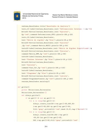 Universidad Nacional de Cajamarca.
Método de Elementos Finitos.
2014.
Asesor:Ing Marco Mendoza Linares.
Tesista:Christian G. Salcedo Malaver
ventana_Resultados.title('Resultados de Analisis ')
texto_01=Label(ventana_Resultados ,text='Deformaciones Internas :',fg='blu
Boton01=Button(ventana_Resultados ,text='Ejecutar ',
fg='red',command=Deformaciones_FFU ). place(x=180 ,y=20)
texto_02=Label(ventana_Resultados ,
text='Matriz de rigidez ',fg='blue').place(x=20 ,y=50)
Boton02=Button(ventana_Resultados ,text='Ejecutar '
,fg='red',command=Matriz_RRIG ).place(x=180 ,y=50)
texto03=Label(ventana_Resultados ,text='Matriz de Rigidez Simplificada ',fg
Boton03=Button(ventana_Resultados ,text='Ejecutar ',
command=Matriz_DMM ,fg='red'). place(x=180 ,y=80)
texto04=Label(ventana_Resultados ,
text='Fuerzas Internas ',fg='blue').place(x=20 ,y=110)
Boton04=Button(ventana_Resultados ,
text='Ejecutar ',
command=Fuer_Int ,fg='red'). place(x=180 ,y=110)
texto05=Label(ventana_Resultados ,
text='Diagramas ',fg='blue').place(x=20 ,y=140)
Boton05=Button(ventana_Resultados ,text='ejecuta ',
command=Diagramasfinales ,fg='red'). place(x=180 ,y=140)
ventana_Resultados.mainloop ()
def grilla ():
global Ubicaciones_Universales
Ubicaciones_Universales=[]
def dibujo_grilla ():
if nx.get()!=0 and ny.get()!=0:
for i in range(nx.get()+1):
dibujo.create_line(50+i*mx.get()*50 ,550 ,50+
i*mx.get()*50,550-ny.get()*my.get()*50,
fill='gray',activefill='red',dash=(3,5),tag=('Recta01 '))
for i in range(ny.get()+1):
dibujo.create_line(50,550-i*my.get()
*50,50+(nx.get ())*mx.get()*50 ,
550-i*my.get()*50,fill='gray',activefill='red'
204
 