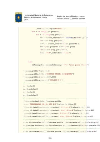 Universidad Nacional de Cajamarca.
Método de Elementos Finitos.
2014.
Asesor:Ing Marco Mendoza Linares.
Tesista:Christian G. Salcedo Malaver
,dash=(3,5),tag=('Recta02 '))
for u in range(nx.get()+1):
for m in range(ny.get()+1):
Ubicaciones_Universales.append([50+u*mx.get()
*50,550-m*my.get()*50])
dibujo.create_oval(50+u*mx.get()*50-2,
550-m*my.get()*50-2,50+u*mx.get()
*50+2,550-m*my.get()*50+2,
fill='red',activefill='blue')
else:
tkMessageBox.showinfo(message='Por Favor poner Datos')
ventana_grilla=Toplevel ()
ventana_grilla.title('DIBUJAR GRILLA P/ESQUEMA ')
ventana_grilla.minsize(500 ,200)
ventana_grilla.geometry('500x200+0+0')
#-------------------------------------------------------
nx=IntVar ()
mx=DoubleVar ()
ny=IntVar ()
my=DoubleVar ()
#-----------------------------------------------------------
texto_principal=Label(ventana_grilla ,
text='COORDENADAS EN EL EJE X:Y'). place(x=100 ,y=0)
Texto_01=Label(ventana_grilla ,text='N:Ejes -X'). place(x=10 ,y=20)
texto_02=Label(ventana_grilla ,text='Dist -Ejes -X'). place(x=250 ,y=20)
texto03=Label(ventana_grilla ,text='N:Ejes -Y').place(x=10,y=60)
texto04=Label(ventana_grilla ,text='Dist -Ejes -Y').place(x=250 ,y=60)
#------------------------------------------------------------------------
Ejes_Horizontales=Entry(ventana_grilla ,textvariable=nx).place(x=80,y=20)
Distancias_Horizontales=Entry(ventana_grilla ,textvariable=mx). place(x=320
#------------------------------------------------------------------------
Ejes_Verticales=Entry(ventana_grilla ,textvariable=ny). place(x=80,y=60)
205
 