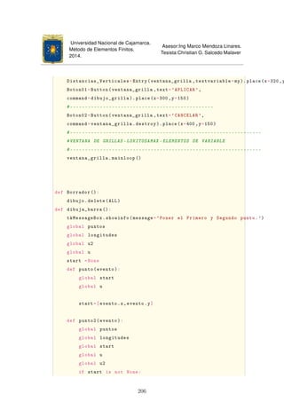 Universidad Nacional de Cajamarca.
Método de Elementos Finitos.
2014.
Asesor:Ing Marco Mendoza Linares.
Tesista:Christian G. Salcedo Malaver
Distancias_Verticales=Entry(ventana_grilla ,textvariable=my).place(x=320 ,y
Boton01=Button(ventana_grilla ,text='APLICAR ',
command=dibujo_grilla ).place(x=300 ,y=150)
#------------------------------------------------
Boton02=Button(ventana_grilla ,text='CANCELAR ',
command=ventana_grilla.destroy ). place(x=400 ,y=150)
#----------------------------------------------------------------
#VENTANA DE GRILLAS -LOKITOSAMAX -ELEMENTOS DE VARIABLE
#----------------------------------------------------------------
ventana_grilla.mainloop ()
def Borrador ():
dibujo.delete(ALL)
def dibuja_barra ():
tkMessageBox.showinfo(message='Poner el Primero y Segundo punto.')
global puntos
global longitudes
global u2
global u
start =None
def punto(evento):
global start
global u
start=[evento.x,evento.y]
def punto2(evento):
global puntos
global longitudes
global start
global u
global u2
if start is not None:
206
 