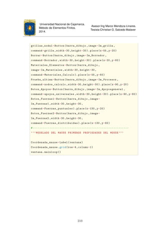 Universidad Nacional de Cajamarca.
Método de Elementos Finitos.
2014.
Asesor:Ing Marco Mendoza Linares.
Tesista:Christian G. Salcedo Malaver
grillas_nodal=Button(barra_dibujo ,image=Im_grilla ,
command=grilla ,width=30,height=30). place(x=55,y=20)
Borrar=Button(barra_dibujo ,image=Im_Borrador ,
command=Borrador ,width=30,height=30). place(x=20,y=60)
Materiales_Elementos=Button(barra_dibujo ,
image=Im_Materiales ,width=30 ,height=30,
command=Materiales_Calculo ). place(x=55 ,y=60)
Prueba_ultima=Button(barra_dibujo ,image=Im_Procesos ,
command=nodos_calculo ,width=30 ,height=30). place(x=90,y=20)
Boton_Apoyos=Button(barra_dibujo ,image=Im_Apoyosgeneral ,
command=apoyos_universales ,width=30 ,height=30).place(x=90,y=60)
Boton_Fuerzas1=Button(barra_dibujo ,image=
Im_Fuerzas1 ,width=30,height=30 ,
command=Fuerzas_puntuales ). place(x=130 ,y=20)
Boton_Fuerzas2=Button(barra_dibujo ,image=
Im_Fuerzas2 ,width=30,height=30 ,
command=Fuerzas_distribuidas ). place(x=130 ,y=60)
#---------------------------------------------------------
'''MODELADO DEL MAUSE PRIMEROS PROPIEDADES DEL MOUSE '''
Coordenada_mause=Label(ventana)
Coordenada_mause.grid(row=4,column=1)
ventana.mainloop ()
210
 