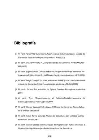 Bibliografía
[1] H. Partl: Perez Villar Luis Alberto,Tesis” Análisis de Estructuras por Método de
Elementos ﬁnitos Asistido por computadora” IPN,(2003)
[2] H. partl: O.CZienkiewichz-R.LTaylor,El Método de Elementos Finitos,McGraw-
Hill,(1998)
[3] H. partll: Eugenio Oñate,Cálculo de Estructuras por el método de elementos ﬁni-
tos Análisis Estático Lineal,C.I de Métodos Numéricos en Ingeniería UPC,(1992)
[4] H. partll: Sergio Gallegos Cázares,Análisis de Sólidos y Estructural mediante el
método de Elementos ﬁnitos,Tecnológico de Monterrey-LIMUSA,(2008)
[5] H. partll: Sandro Tosi,Matplotlib for Python Develops,Birmingham-Noviembre
2009.
[6] H. partll: Egor P.Popov(University of California-Berkeley),Mecánica de
Sólidos,Educational-Person,Edition(2000)
[7] H. partll: Manuel Vasquez,Eloiza Lopez,El Método de Elementos Finitos Aplica-
do al análisis Estructural.
[8] H. partll: Arturo Tenna Colunga ,Análisis de Estructuras con Métodos Matricia-
les,Limusa México-2007.
[9] H. partll: Manuel Casado Martin,Lenguaje de Programación Python Orientado a
Objetos,Santiago Gualadajara Perez,Universidad de Salamanca.
214
 