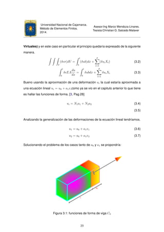 Universidad Nacional de Cajamarca.
Método de Elementos Finitos.
2014.
Asesor:Ing Marco Mendoza Linares.
Tesista:Christian G. Salcedo Malaver
Virtuales) y en este caso en particular el principio quedaría expresado de la siguiente
manera.
V
(δ σ)dV =
l
0
(δub)dx +
p
i=1
(δuiXi) (3.2)
l
0
δ EA
du
dx
=
l
0
δubdx +
p
i=1
δuiXi (3.3)
Bueno usando la aproximación de una deformación ui la cual estaría aproximada a
una ecuación lineal ui = u0 + a1x,como ya se vio en el capitulo anterior lo que tiene
es hallar las funciones de forma. [3, Pag.28]
ui = N1a1 + N2a2 (3.4)
(3.5)
Analizando la generalización de las deformaciones de la ecuación lineal tendríamos.
u1 = a0 + a1x1 (3.6)
u2 = a0 + a1x2 (3.7)
Solucionando el problema de los casos tanto de a0 y a1 se propondría:
Figura 3.1: funciones de forma de viga C0
29
 