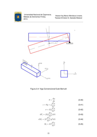 Universidad Nacional de Cajamarca.
Método de Elementos Finitos.
2014.
Asesor:Ing Marco Mendoza Linares.
Tesista:Christian G. Salcedo Malaver
Figura 3.4: Viga Convencional Euler-Bernulli
θ =
dw
dx
(3.40)
= θy = y
d2
w
dx2
(3.41)
σ = Ey
d2
w
dx2
(3.42)
dFi = (Ey
d2
w
dx2
)dA (3.43)
dMi = (E
d2
w
dx2
)y2
dA (3.44)
Mi = EI
d2
w
dx2
(3.45)
35
 