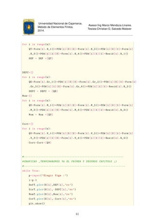 Universidad Nacional de Cajamarca.
Método de Elementos Finitos.
2014.
Asesor:Ing Marco Mendoza Linares.
Tesista:Christian G. Salcedo Malaver
for i in range(n):
QT=Form[i].N_1()*POW[i][0][0]+Form[i].N_2()*POW[i][0][1]+Form[i]
.N_3()*POW[i][1][0]+Form[i].N_4()*POW[i][1][1]+Resid[i].R_1()
DEF = DEF +[QT]
DEFC=[]
for i in range(n):
QE=Form[i].Gr_1()*POW[i][0][0]+Form[i].Gr_2()*POW[i][0][1]+Form[i]
.Gr_3()*POW[i][1][0]+Form[i].Gr_4()*POW[i][1][1]+Resid[i].R_2()
DEFC = DEFC + [QE]
Mom=[]
for i in range(n):
QU=Form[i].M_1()*POW[i][0][0]+Form[i].M_2()*POW[i][0][1]+Form[i]
.M_3()*POW[i][1][0]+Form[i].M_4()*POW[i][1][1]+Resid[i].R_3()
Mom = Mom +[QU]
Cort=[]
for i in range(n):
QV=Form[i].V_1()*POW[i][0][0]+Form[i].V_2()*POW[i][0][1]+Form[i]
.V_3()*POW[i][1][0]+Form[i].V_4()*POW[i][1][1]+Resid[i].R_4()
Cort=Cort+[QV]
#-------------------------------------------------------------
#GRAFICAS _TERMINAREMOS YA EL PRIMER Y SEGUNDO CAPITULO ;)
#--------------------------------------------------------------
while True:
p=input('Elegir Viga :')
i=p-1
DefT.plot(X[i],DEF[i],'ro')
GirT.plot(X[i],-DEFC[i],'ro')
MomT.plot(X[i],Mom[i],'ro')
CorT.plot(X[i],-Cort[i],'ro')
plt.show()
61
 