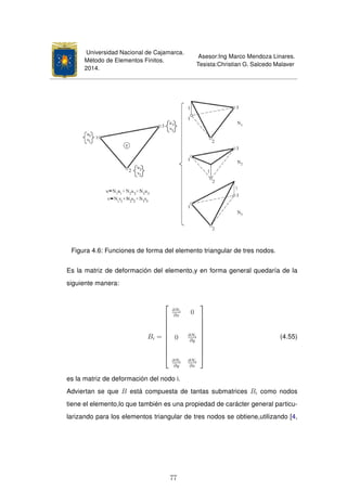 Universidad Nacional de Cajamarca.
Método de Elementos Finitos.
2014.
Asesor:Ing Marco Mendoza Linares.
Tesista:Christian G. Salcedo Malaver
Figura 4.6: Funciones de forma del elemento triangular de tres nodos.
Es la matriz de deformación del elemento,y en forma general quedaría de la
siguiente manera:
Bi =











∂Ni
∂x
0
0 ∂Ni
∂y
∂Ni
∂y
∂Ni
∂x











(4.55)
es la matriz de deformación del nodo i.
Adviertan se que B está compuesta de tantas submatrices Bi como nodos
tiene el elemento,lo que también es una propiedad de carácter general particu-
larizando para los elementos triangular de tres nodos se obtiene,utilizando [4,
77
 